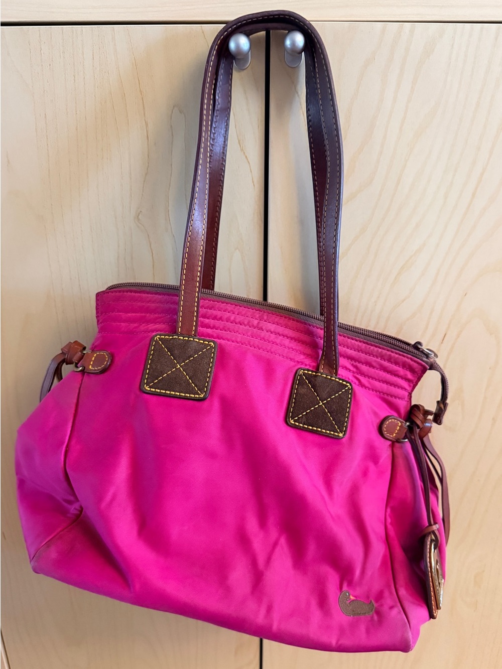 DOONEY & BOURKE Red Nylon Victoria tote Purse w/ Brown Leather Trim Bag Satchel